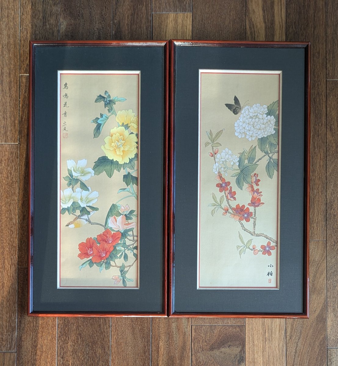 Pair Of Chinese "flowers And Birds" Paintings On Silk, With Lacquered Frames, 20th Century.-photo-4