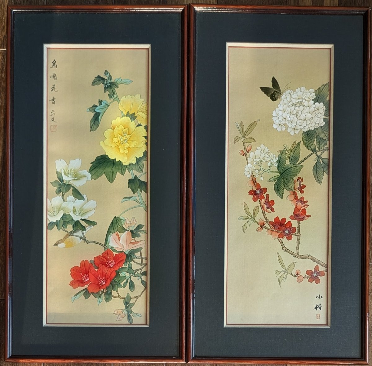 Pair Of Chinese "flowers And Birds" Paintings On Silk, With Lacquered Frames, 20th Century.