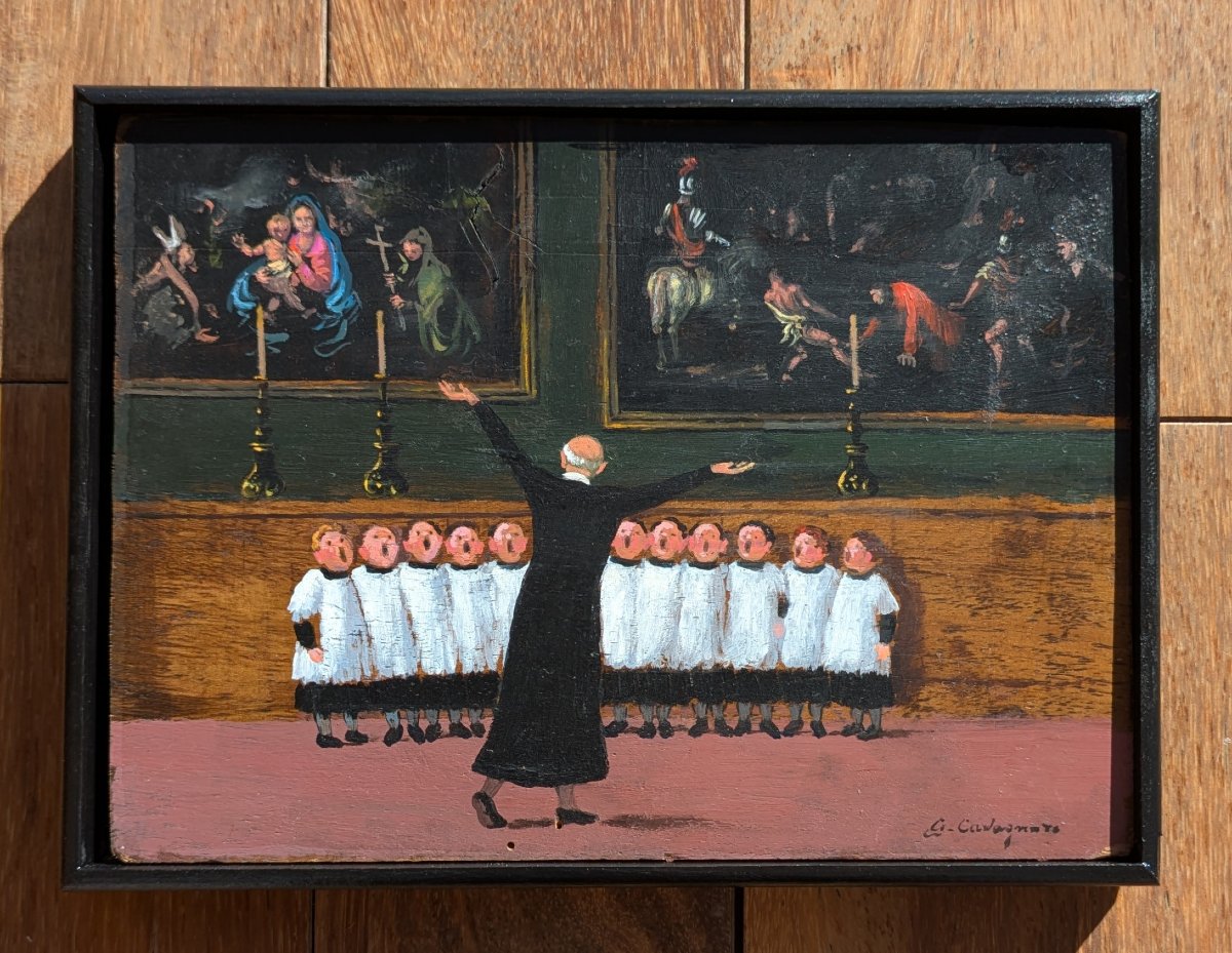 École italienne, XXe siècle — La leçon de chant, huile sur panneau signée Cavagnaro-photo-2