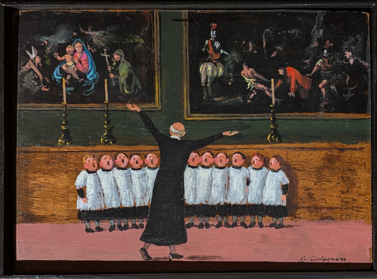 École italienne, XXe siècle — La leçon de chant, huile sur panneau signée Cavagnaro