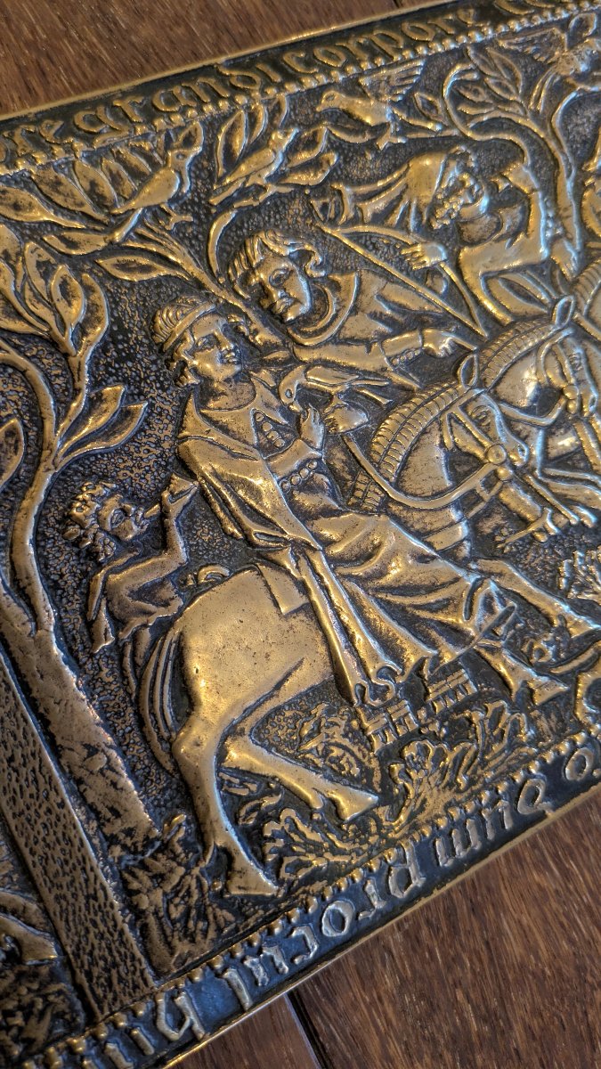 ■ Max Le Verrier (1891-1973) – Plaque murale en bronze « Chasse au Moyen Âge vers l'an 1340 »-photo-3