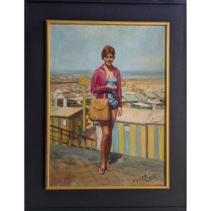 Dumond , jeune femme (Agnès) devant les cabines de plage