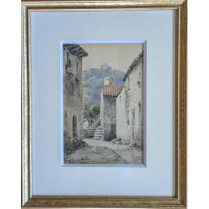 Aquarelle signée V. Masson - Ruelle animée à Royat, vers 1900