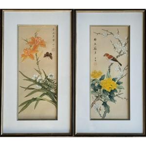 Paire de peintures chinoises sur soie "fleurs et oiseaux", style gongbi, XXe s.