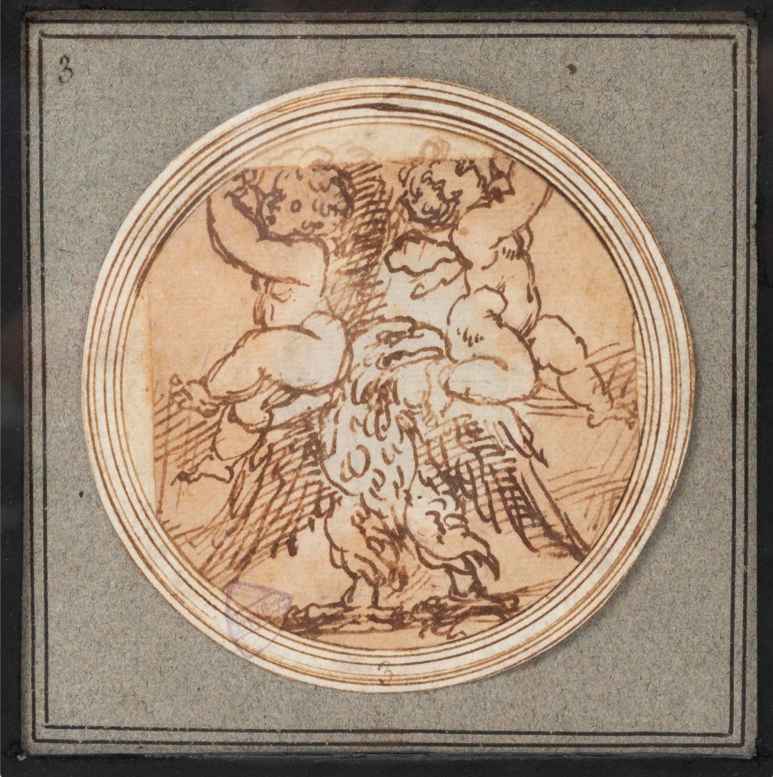 Cercle de Giulio Romano, Étude de décor avec un aigle flanqué de deux putti-photo-2
