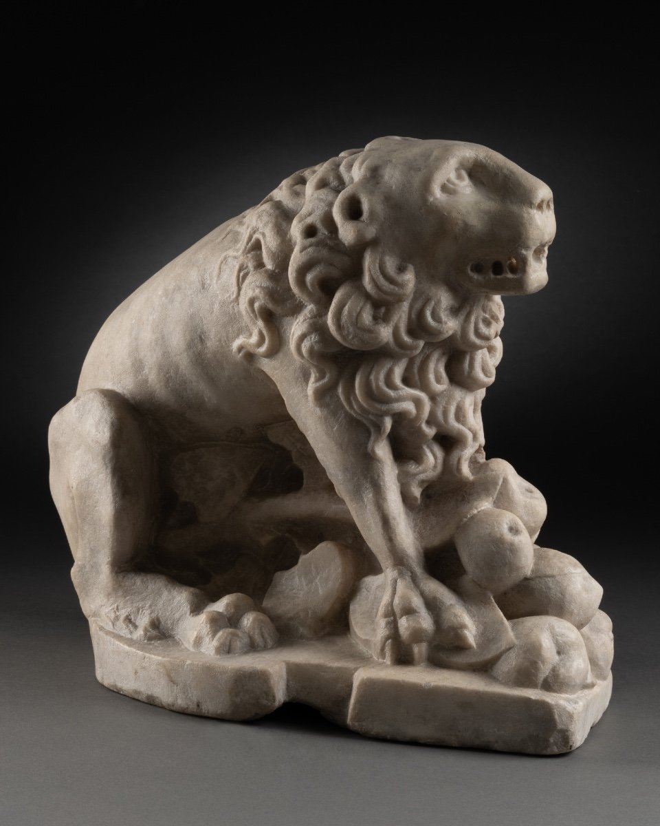 Lion, Element Of Recumbent Marble - France XIVth Century