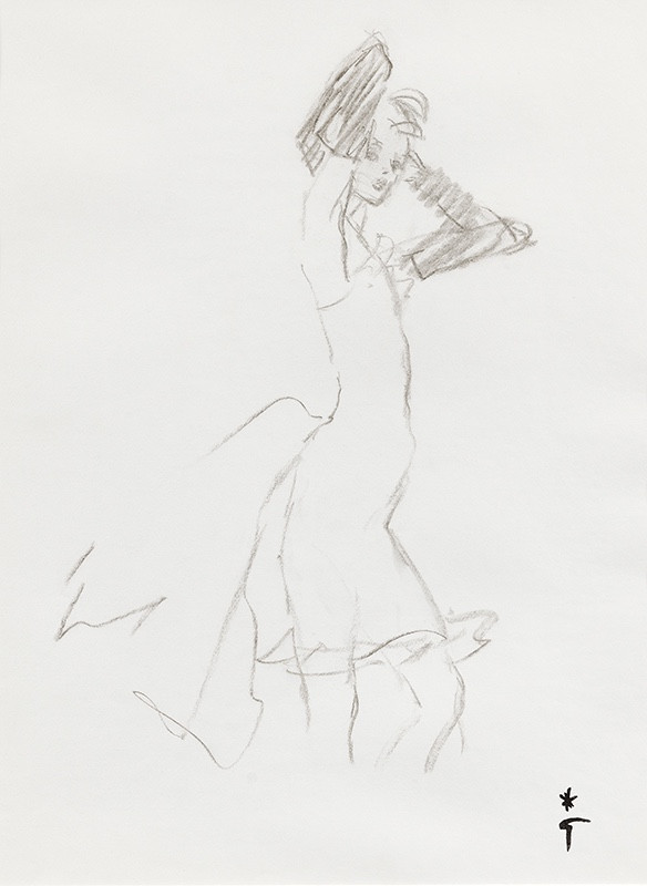 René Gruau (1909 - 2004) — Short Hair And Black Gloves, Yves Saint-laurent Rive Gauche Dress