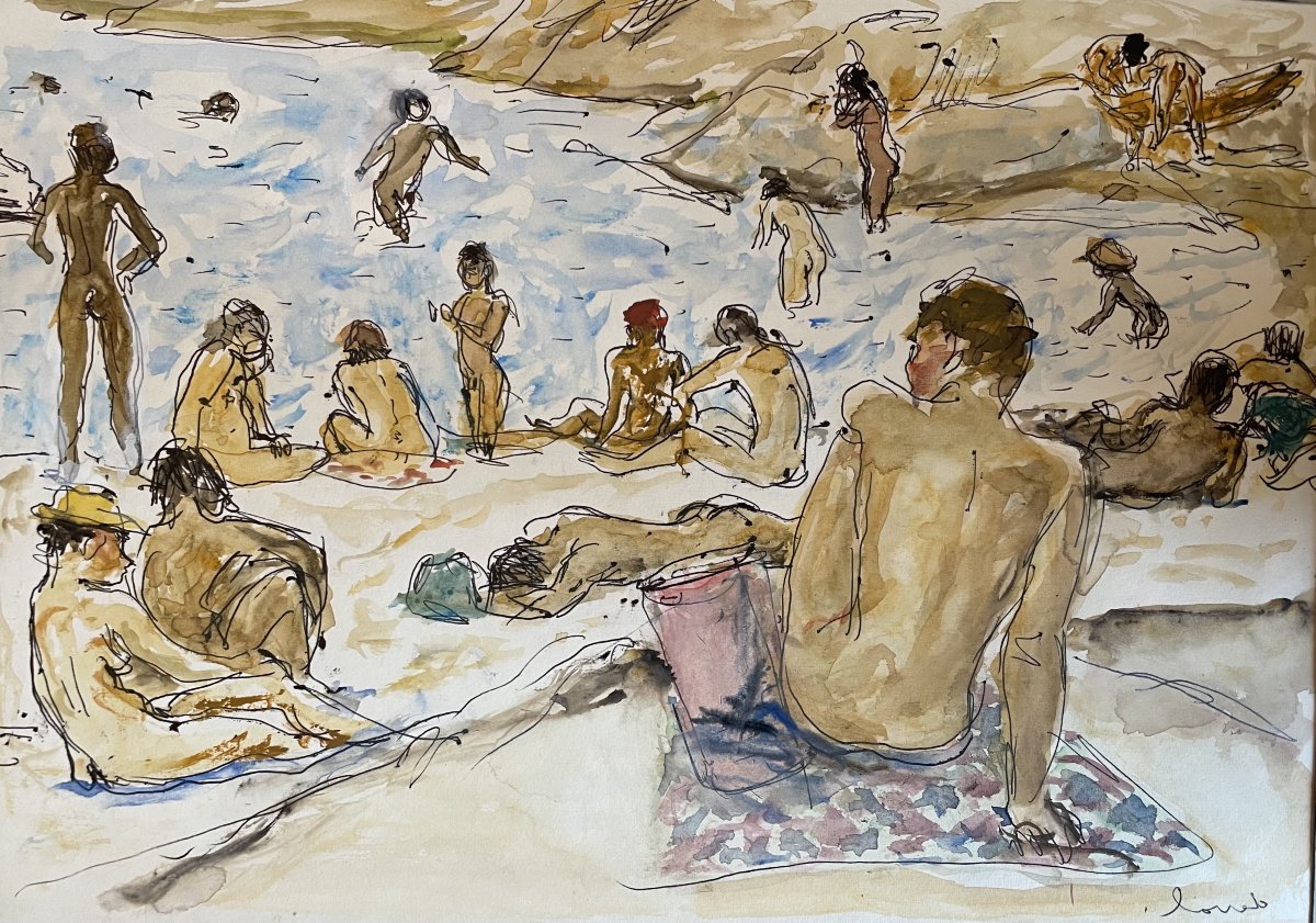 Pierre Deval (1897–1993) - Crowd Of Nudes On The Beach, Levant Islands