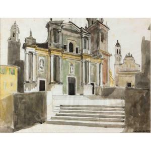Joseph Inguimberty (1896 - 1971) — Le parvis de l'église Saint Michel à Menton