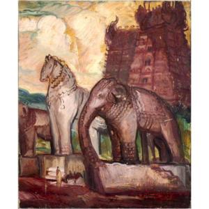André Maire (1898 - 1984) — India, Temple With Horse And Elephant Statues, 1939