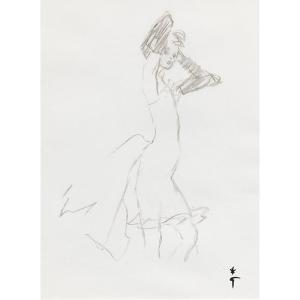 René Gruau (1909 - 2004) — Cheveux courts et gants noirs, robe Yves Saint-Laurent Rive Gauche