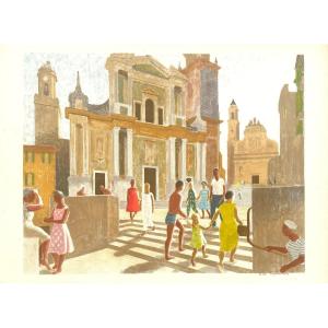 Joseph Inguimberty (1898-1971) - La place de la Basilique Saint-Michel Archange de Menton
