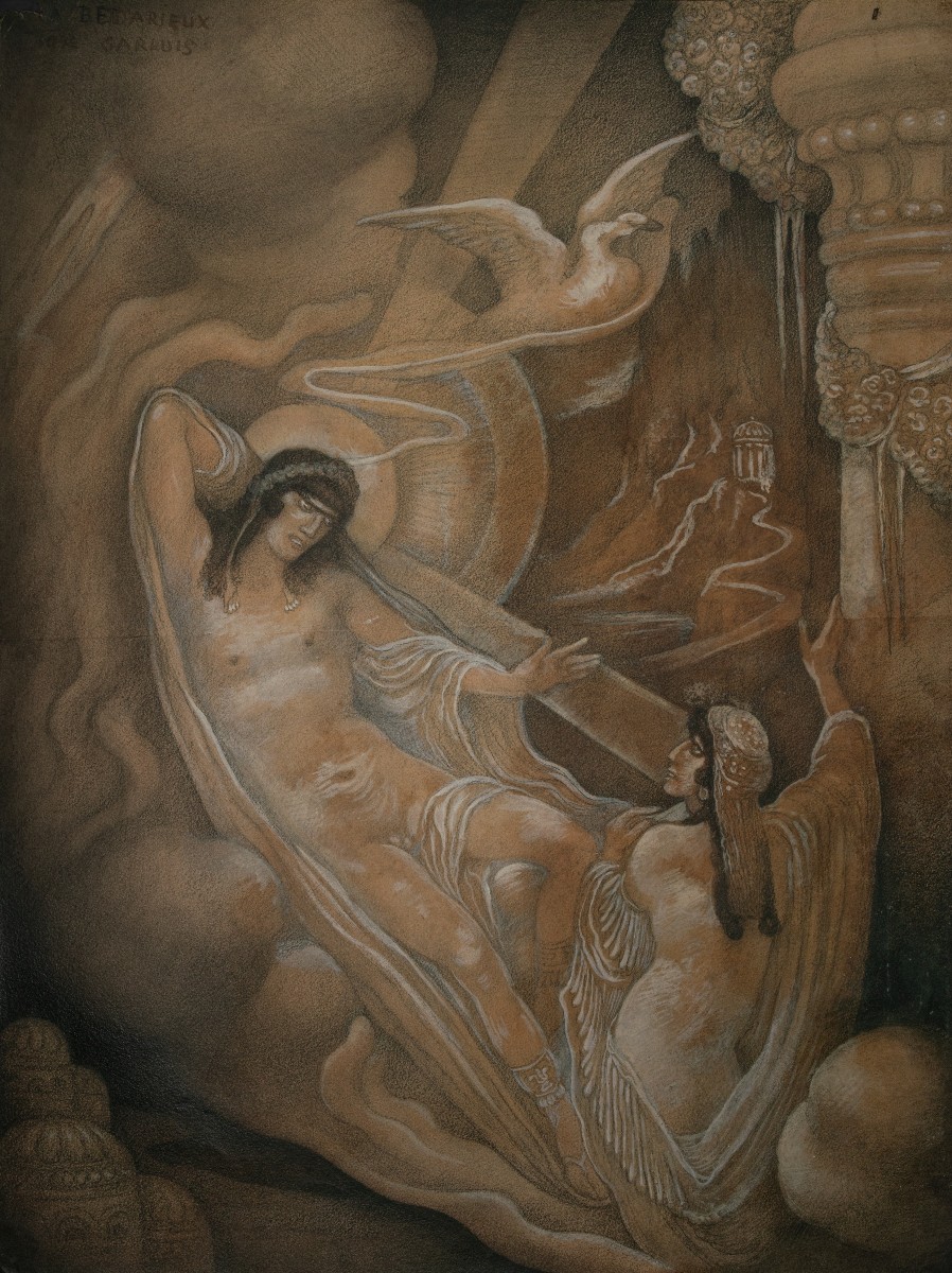 Léonard Sarluis, Mystères De L’orient,  1942, Pierre Noire Et Gouache Blanche Sur Papier
