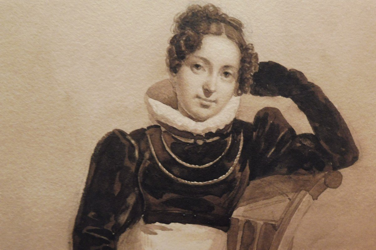 Auguste François Desmoulins 1788-1856 Portrait De Jeune Femme Plume Et Lavis Brun-photo-3