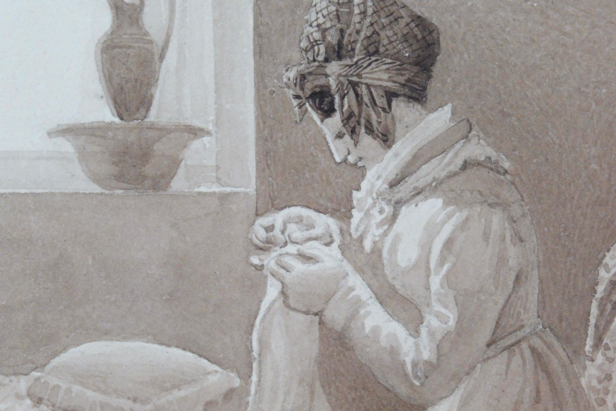 Auguste François Desmoulins 1788-1856 Jeune Femme à Sa Couture Plume Et Lavis Brun-photo-3