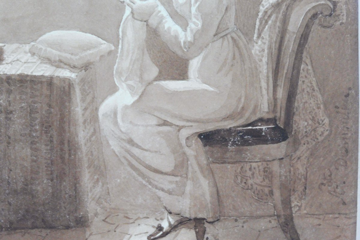 Auguste François Desmoulins 1788-1856 Jeune Femme à Sa Couture Plume Et Lavis Brun-photo-4