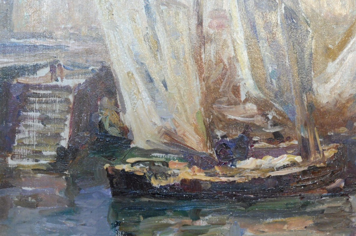Georges Ricard-Cordingley 1873-1939  Voiliers Dans Le Port De Cannes Marine Huile Sur Papier-photo-2