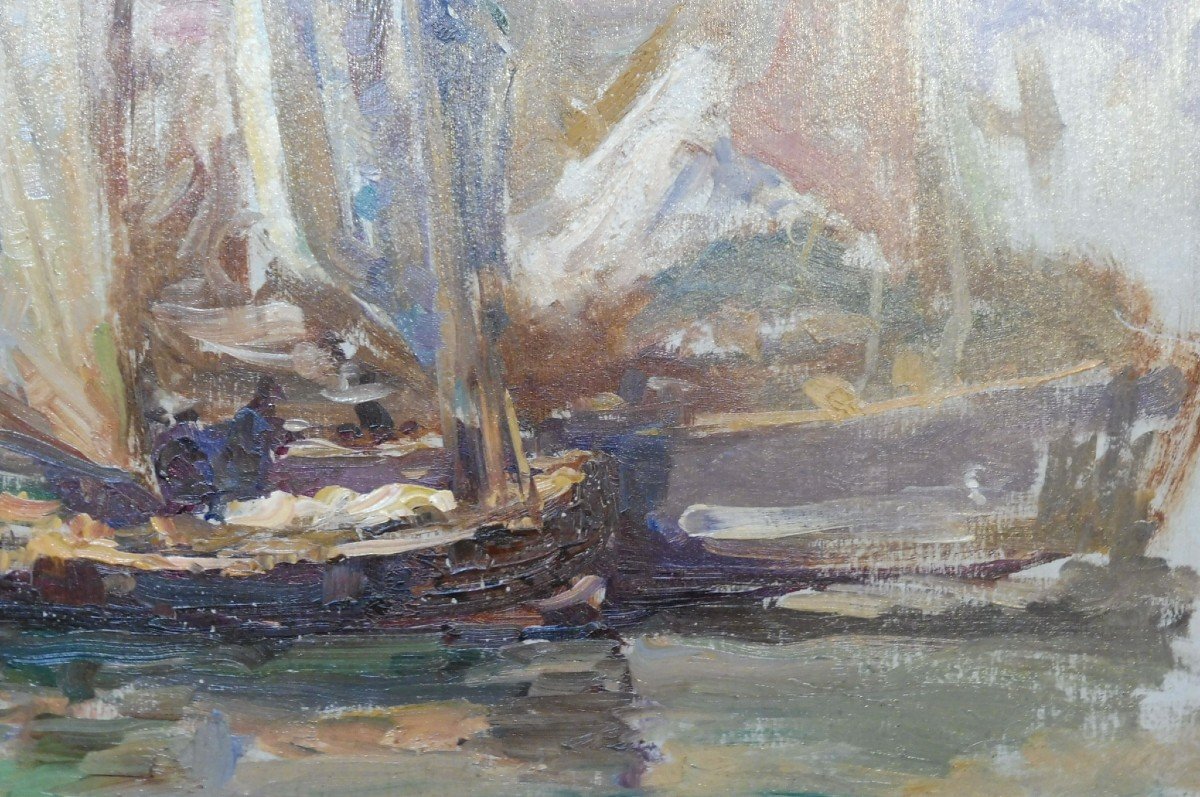 Georges Ricard-Cordingley 1873-1939  Voiliers Dans Le Port De Cannes Marine Huile Sur Papier-photo-3