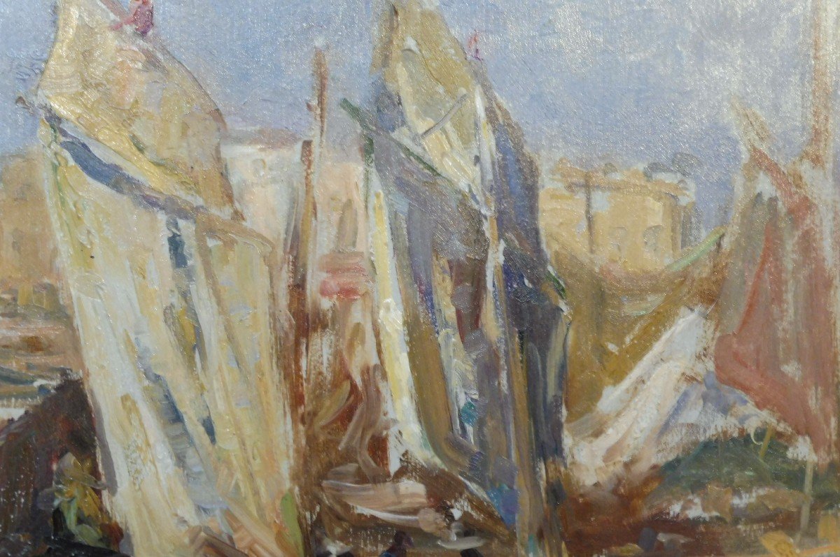 Georges Ricard-Cordingley 1873-1939  Voiliers Dans Le Port De Cannes Marine Huile Sur Papier-photo-4
