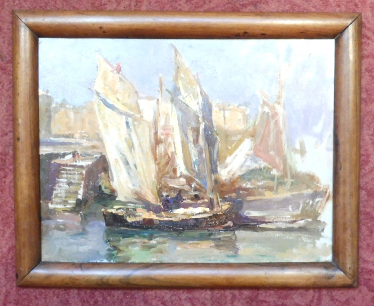 Georges Ricard-Cordingley 1873-1939  Voiliers Dans Le Port De Cannes Marine Huile Sur Papier