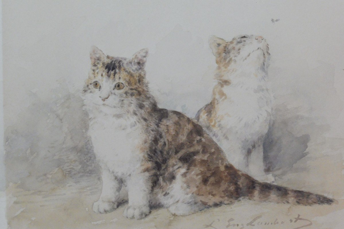Louis Eugène Lambert 1825-1900 The Kittens Watercolor-photo-2