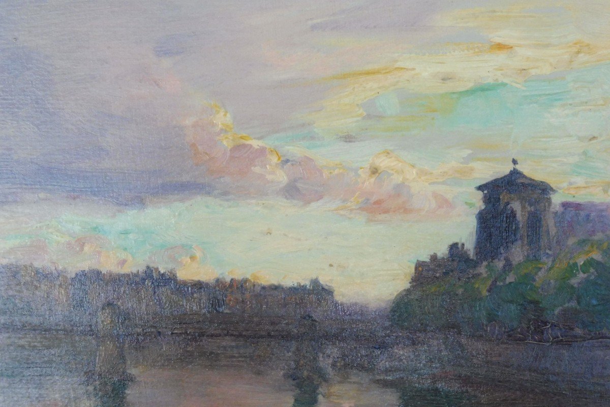 Georges Ricard-cordingley 1873-1939  Lyon Coucher De Soleil Huile Sur Papier-photo-3