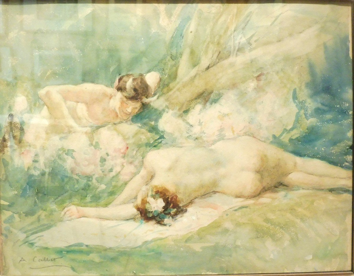 Antoine Calbet 1860-1944 Nymphe Surprise Par Un Faune Aquarelle -photo-2