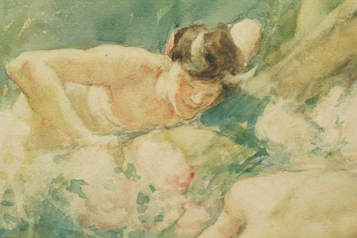 Antoine Calbet 1860-1944 Nymphe Surprise Par Un Faune Aquarelle -photo-1