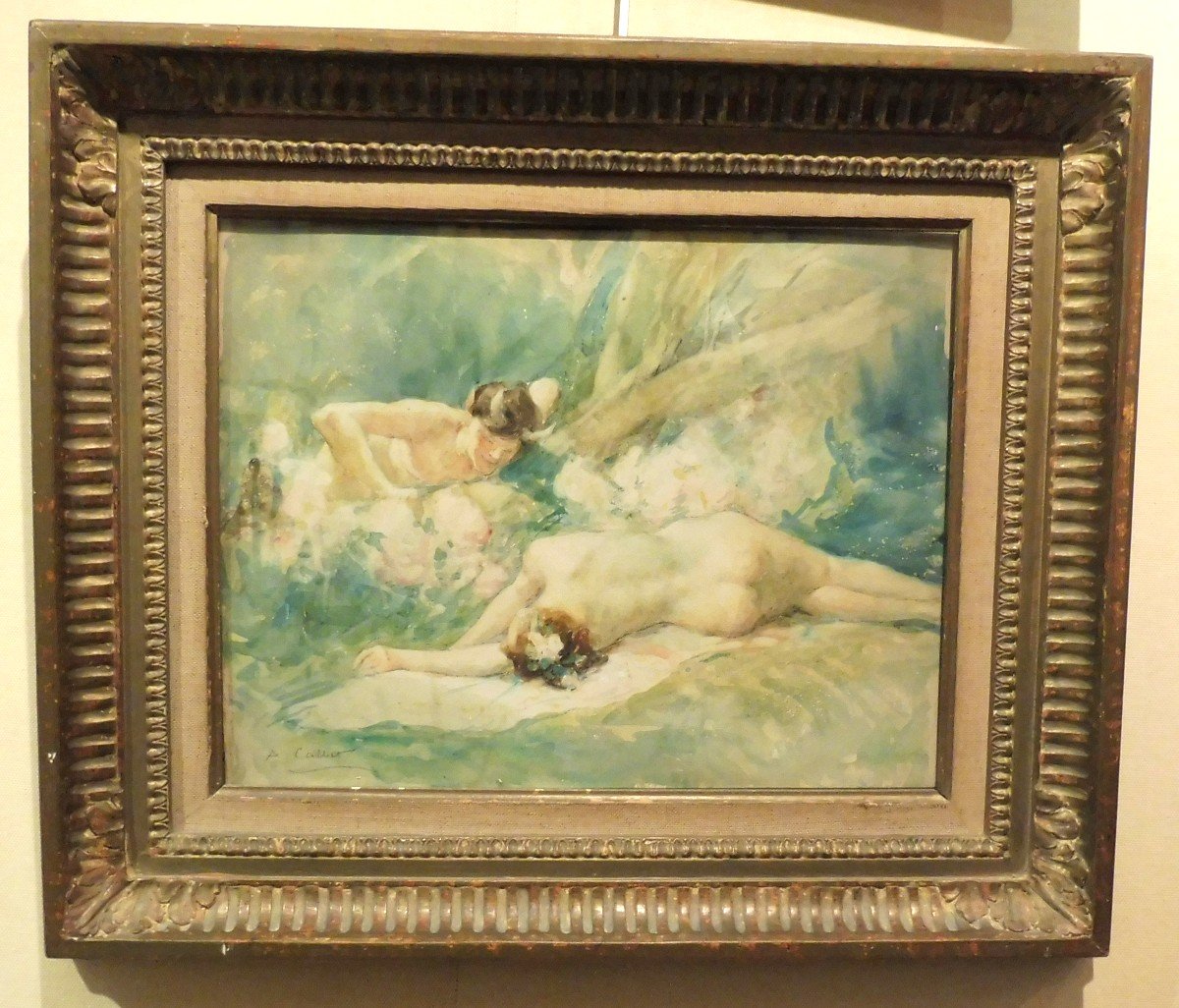 Antoine Calbet 1860-1944 Nymphe Surprise Par Un Faune Aquarelle 