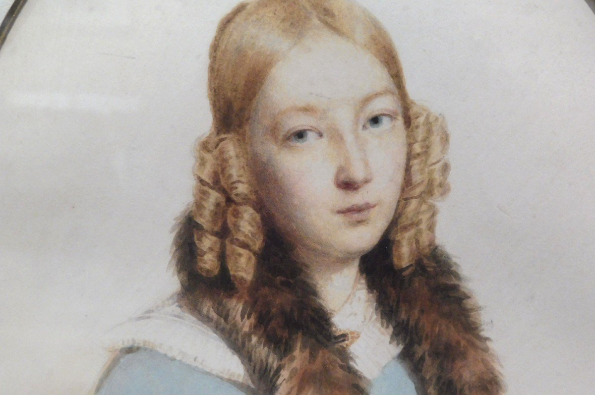 Ecole Française 19ème Siècle Portrait d'Une Jeune Fille Aquarelle-photo-3