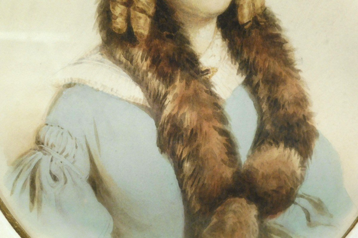 Ecole Française 19ème Siècle Portrait d'Une Jeune Fille Aquarelle-photo-4