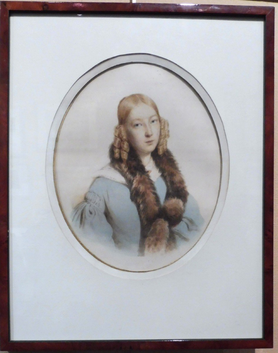 French School 19th Century Portrait Of A Young Girl Watercolor