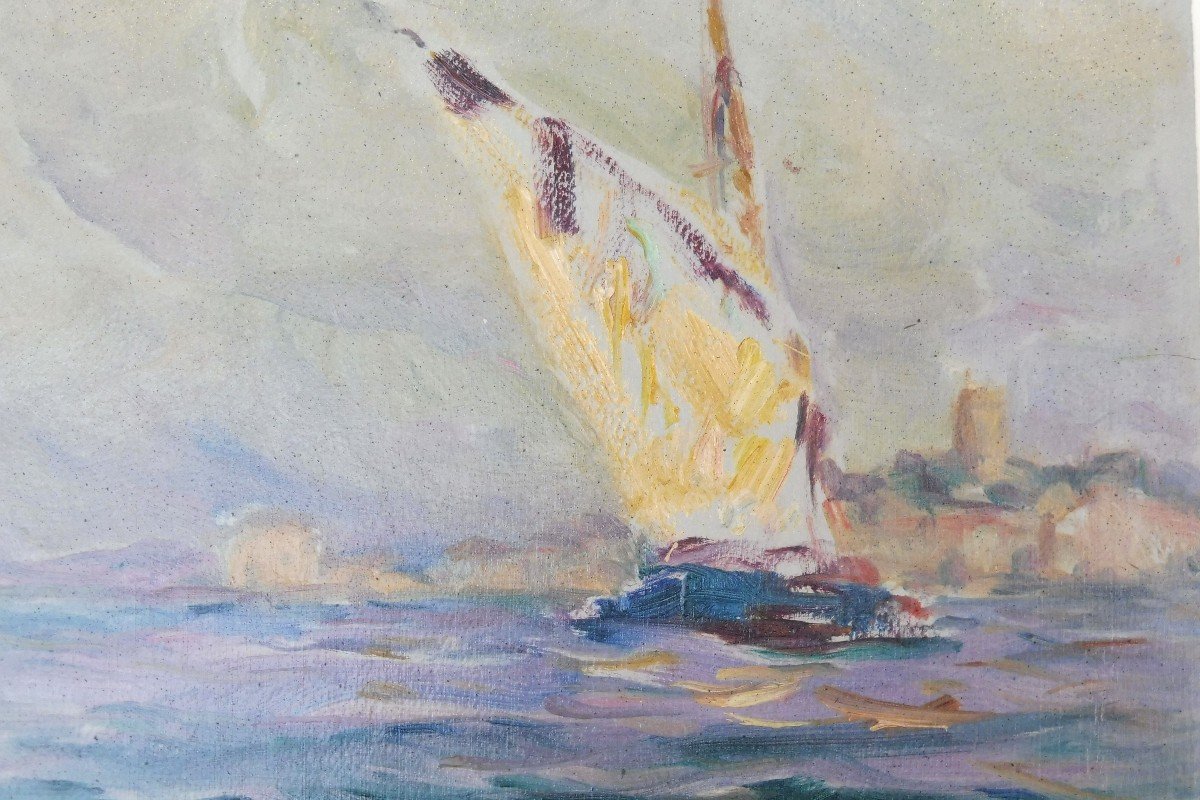 Georges Ricard-cordingley 1873-1939 Tartane Before Cannes Oil On Paper-photo-2