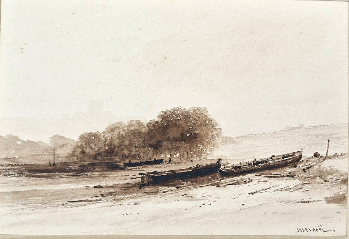 Jules Noël 1810-1881 Boats On The Shore Brown Ink Wash Drawing-photo-2