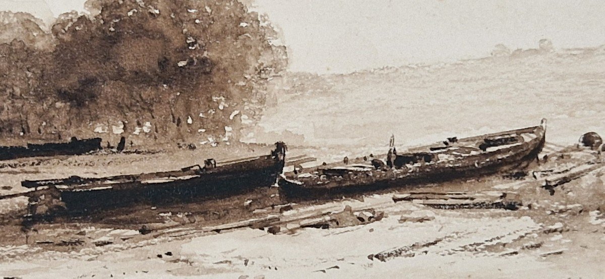 Jules Noël 1810-1881 Boats On The Shore Brown Ink Wash Drawing-photo-3