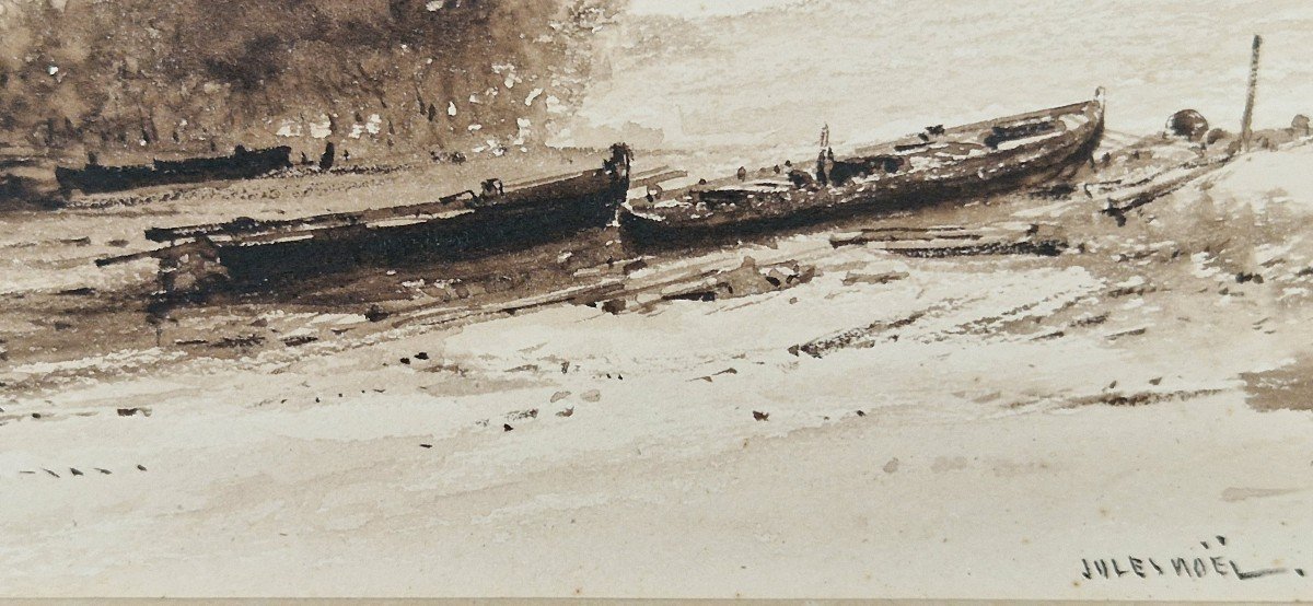 Jules Noël 1810-1881 Boats On The Shore Brown Ink Wash Drawing-photo-1