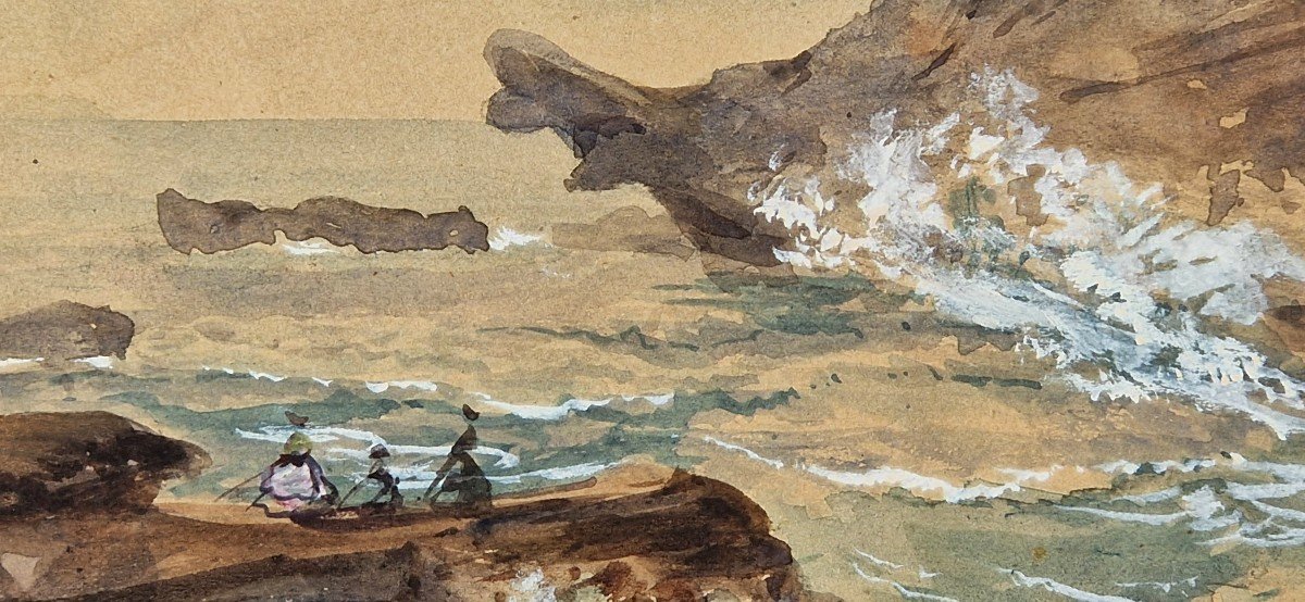 Rochers à Biarritz Ecole Française 19ème Siècle Aquarelle-photo-2