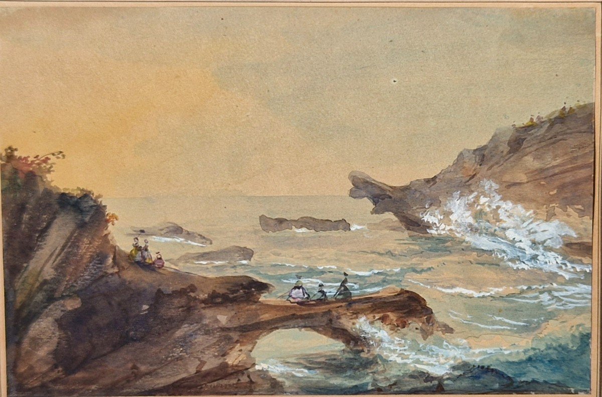 Rochers à Biarritz Ecole Française 19ème Siècle Aquarelle