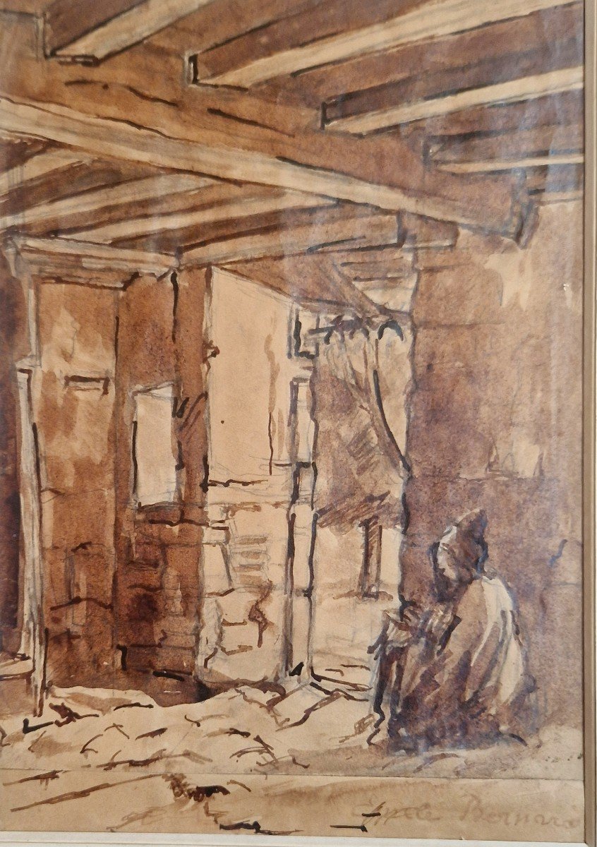 Emile Bernard 1868-1941 Arabe Assis Dans Une Maison Dessin Au Lavis Brun-photo-3