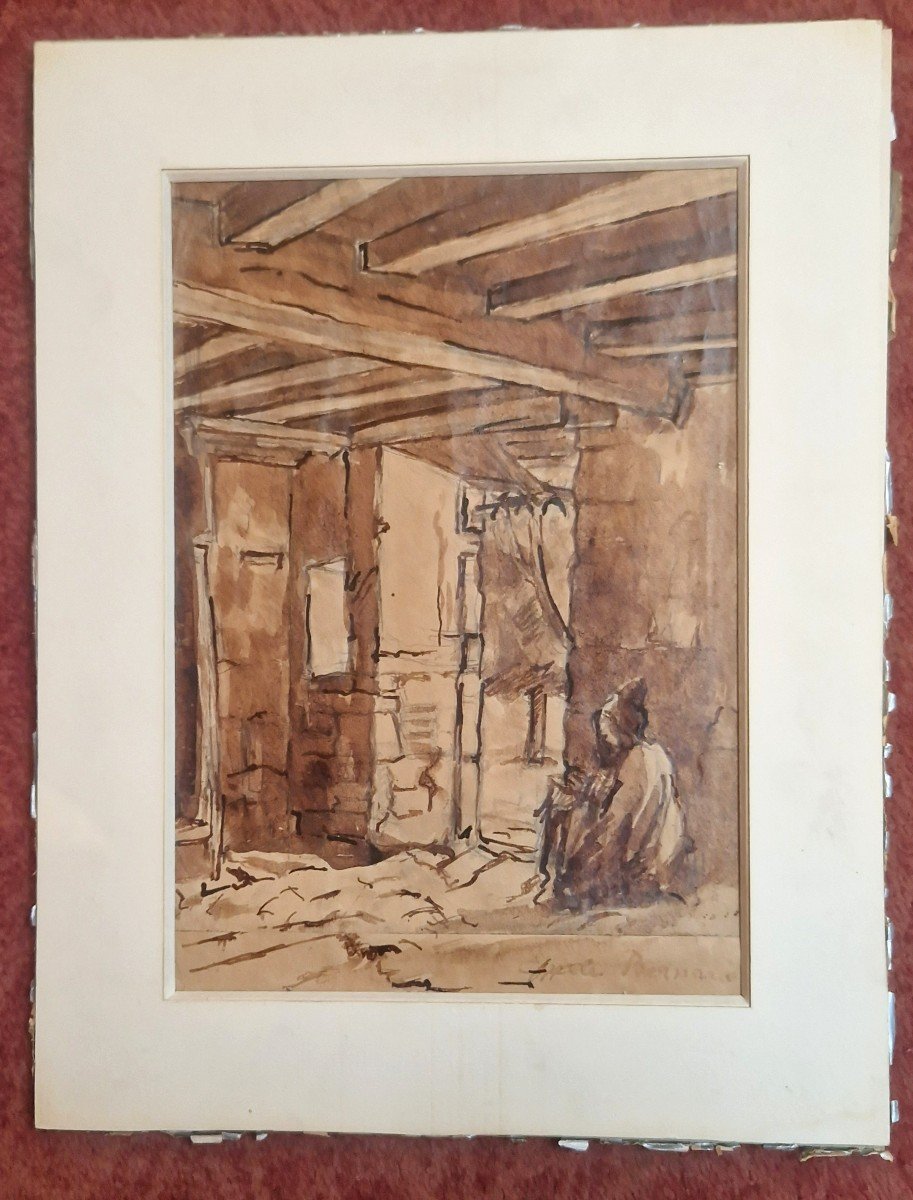Emile Bernard 1868-1941 Arabe Assis Dans Une Maison Dessin Au Lavis Brun
