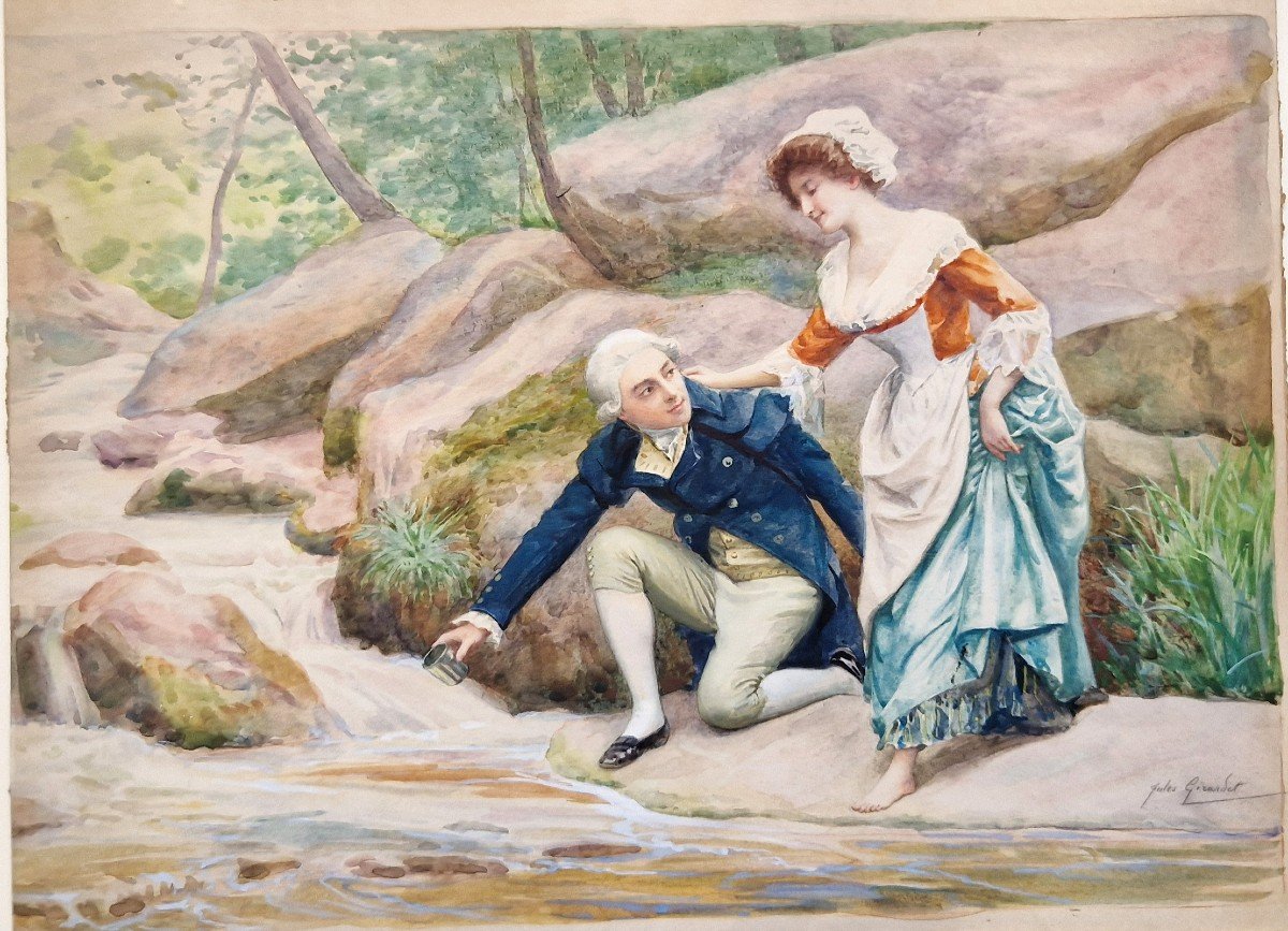 Jules Girardet 1856-1938 Couple By The River Watercolor