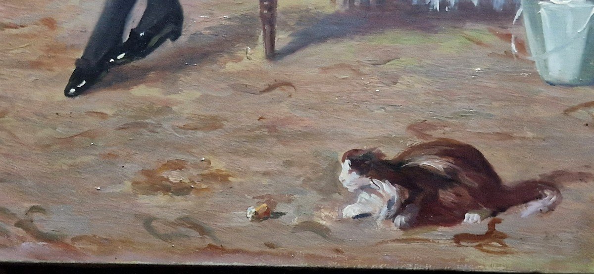 "the Servant, The Cat And The Champagne Cork" Oil On Canvas Signed Henri Cottin-photo-4