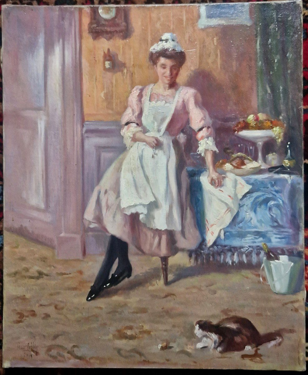 "the Servant, The Cat And The Champagne Cork" Oil On Canvas Signed Henri Cottin