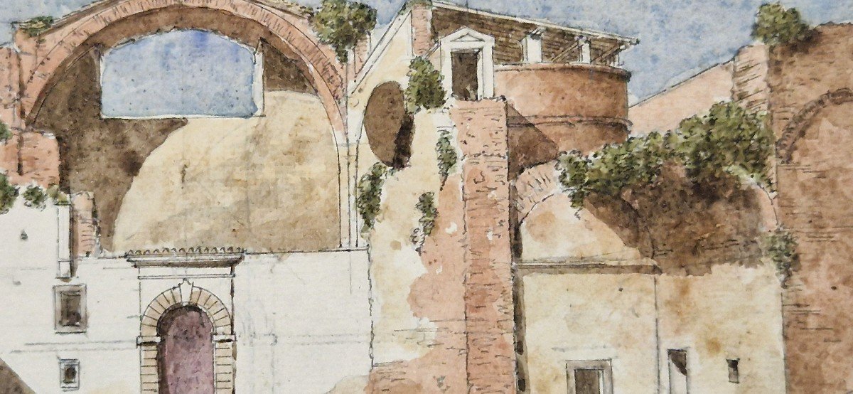 Antoine Jean Baptiste Desplan 1790-1873 Entrée Du Couvent Des Chartreux à Rome Aquarelle-photo-3