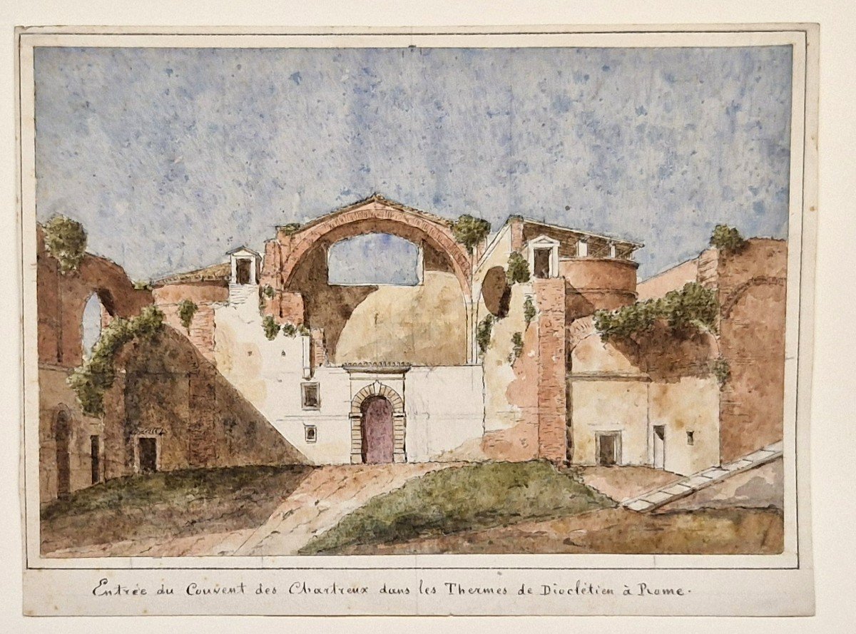 Antoine Jean Baptiste Desplan 1790-1873 Entrée Du Couvent Des Chartreux à Rome Aquarelle