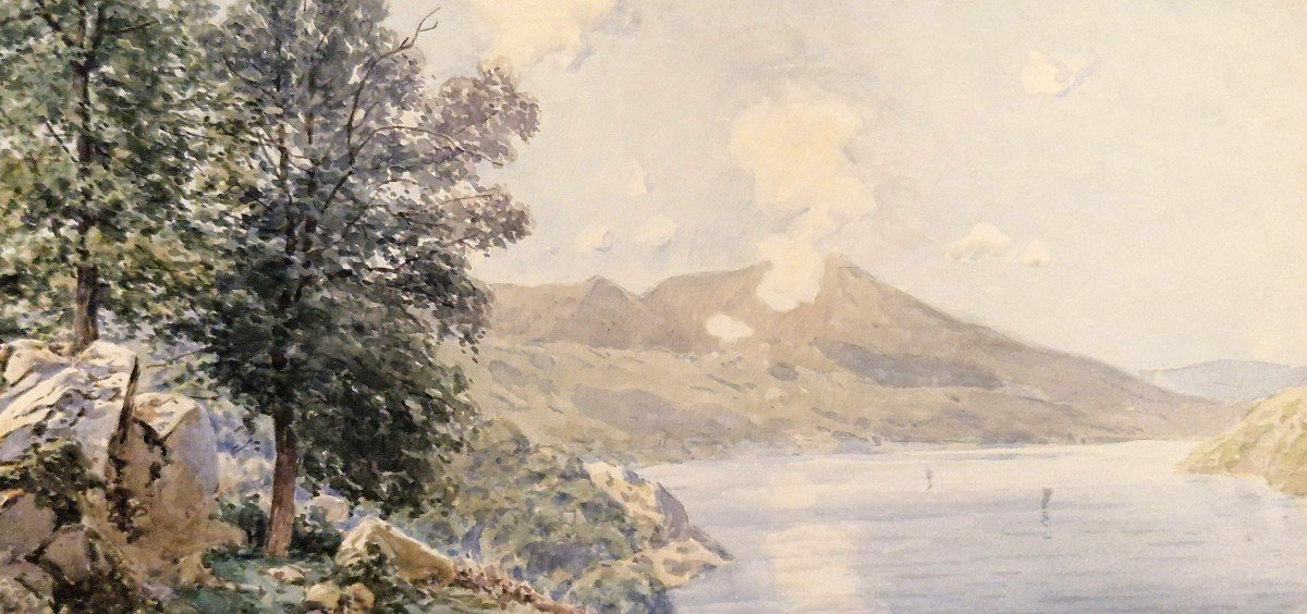 Théophile Meunier 1800-1884 Lake Bourget In Savoie Watercolor-photo-3