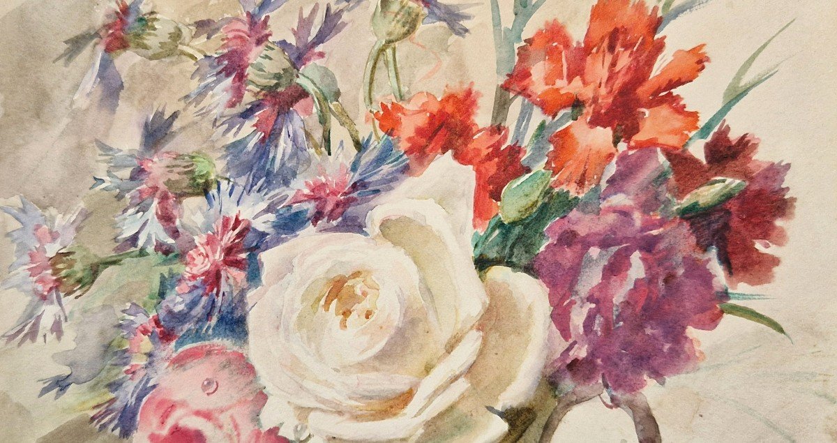 Madeleine Lemaire 1845-1928 Bouquet De Fleurs Aquarelle-photo-3
