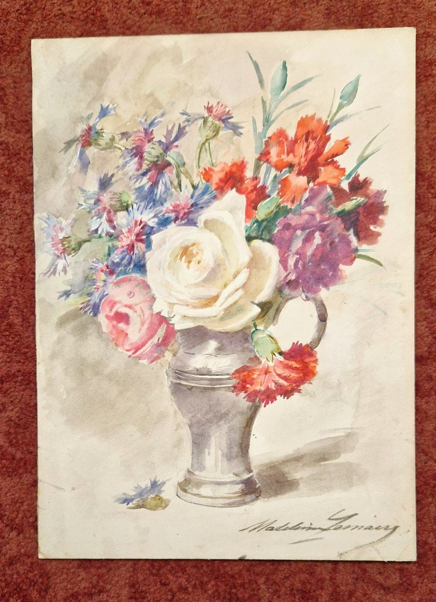 Madeleine Lemaire 1845-1928 Bouquet De Fleurs Aquarelle