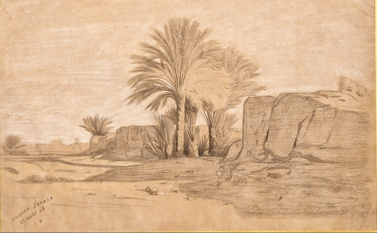Eugène Fromentin 1820-1876 Lichana Sahara Dessin Au Crayon Noir Et Craie Blanche-photo-2