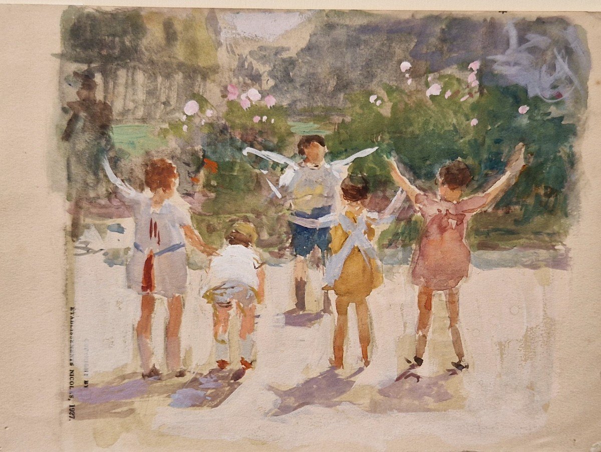 Victor Gabriel Gilbert 1847-1935 Children's Gymnastics Watercolor